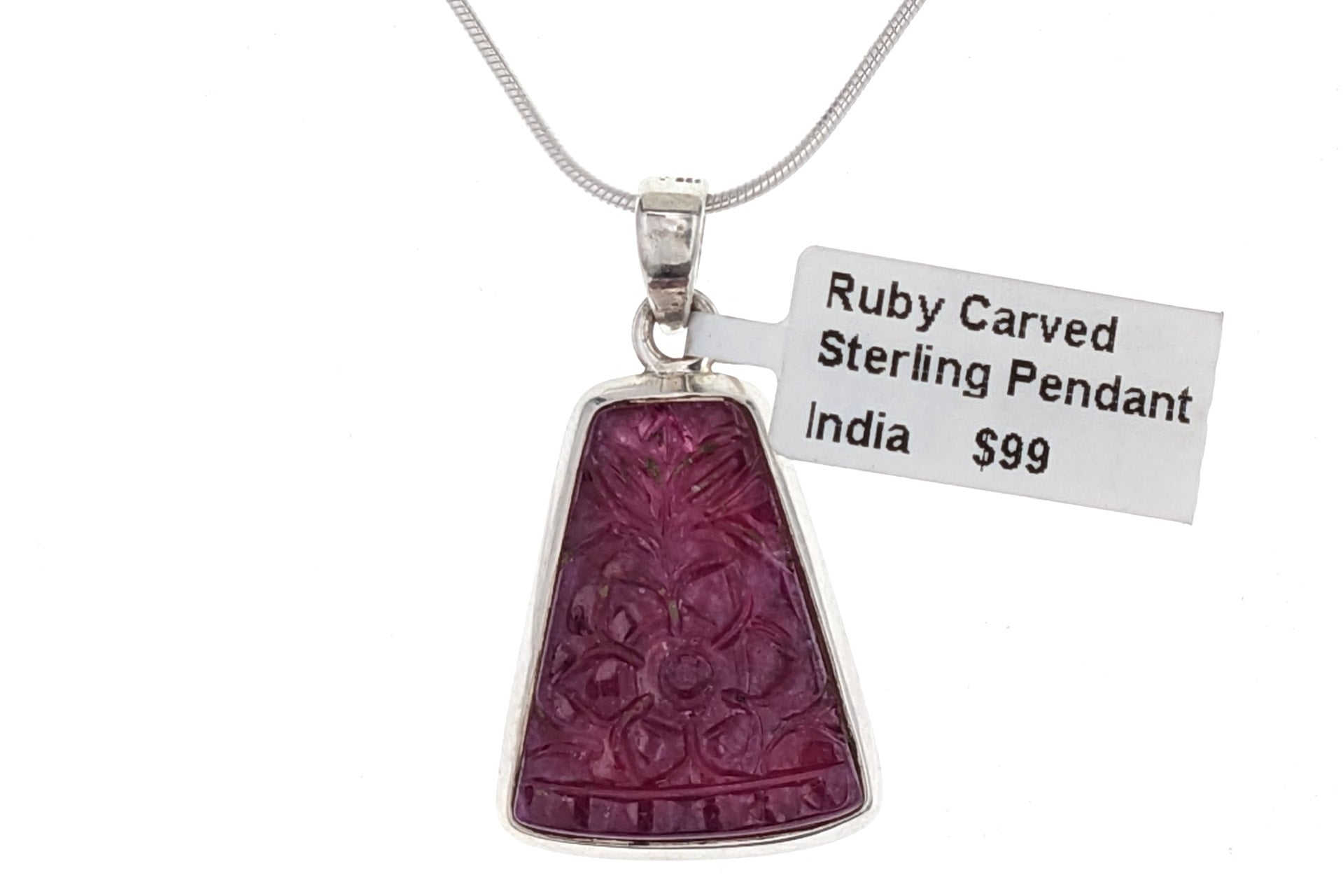 Ruby Carved Flower Design Sterling Silver Pendant | Burnie's