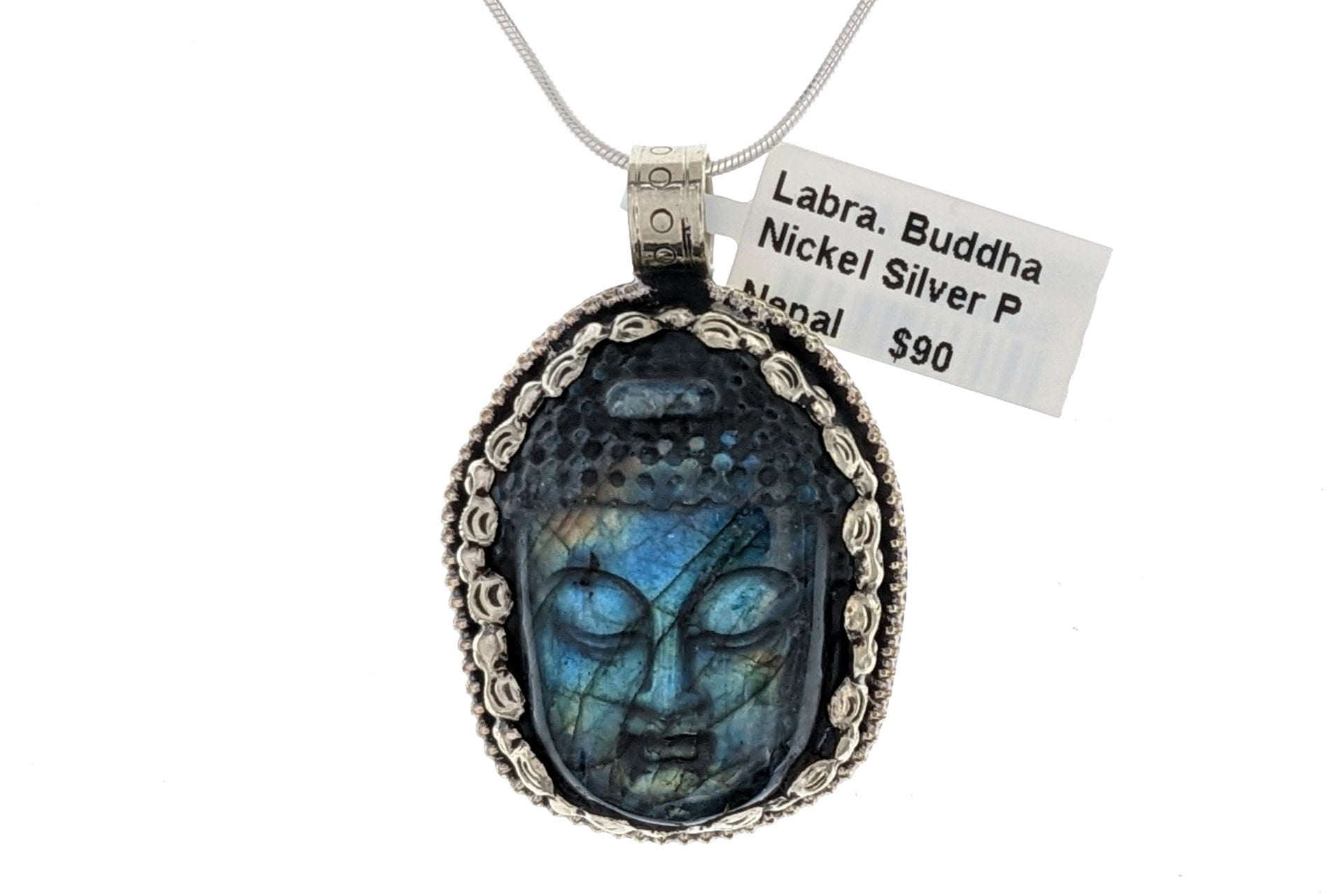 Labradorite Oval Carved Buddha Pendant in Nickel Silver Burnie s